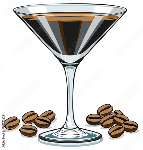 Illustrated espresso martini cocktail with roasted coffee beans in a classic glass