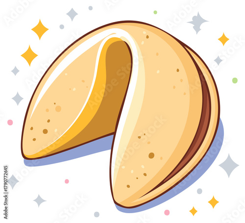 Sparkling golden fortune cookie cartoon illustration symbolizing luck, dessert, and future prediction