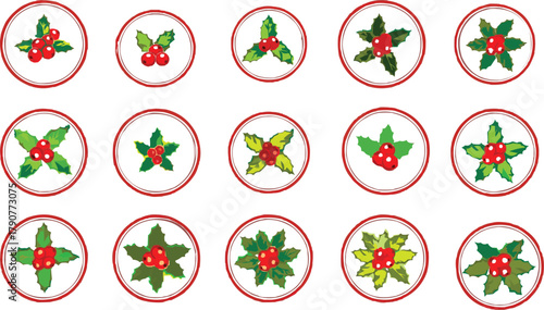 Holly berry icons set, Christmas logo with holly berries 