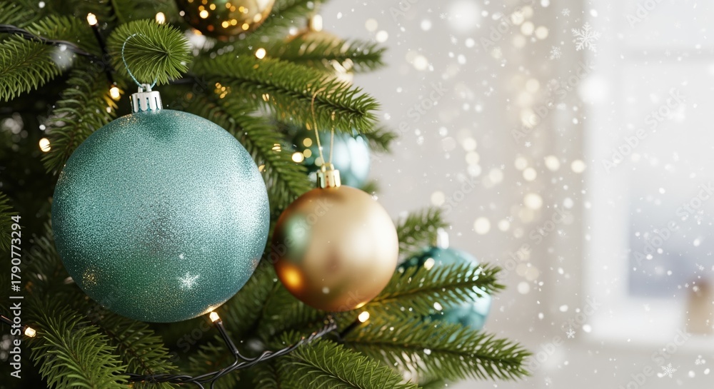 Obraz premium Turquoise and gold ornaments hang on a decorated evergreen tree with twinkling lights. Soft snowflakes create a festive mood. Perfect for holiday cards, seasonal promotions, or winter celebrations.