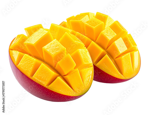 Vibrant, diced mango halves on black, showcasing juicy texture