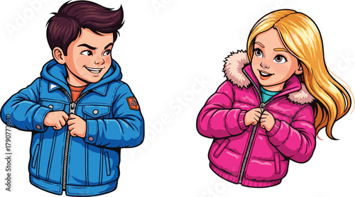 Children zipping winter jackets illustration, cartoon kids, cold weather clothing, fashion gesture, seasonal routine, vector art, cozy outfit, smiling faces