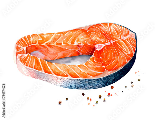 Vibrant salmon steak with peppercorns, raw, glistening, fresh, healthy