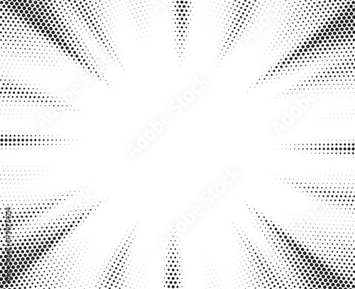 Abstract grayscale sunburst pattern with halftone dots and textured background 