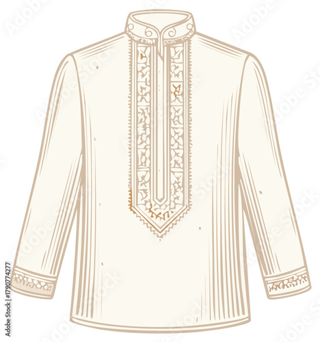 Hand drawn illustration of a traditional long sleeve cultural garment with intricate embroidery details on the placket and cuffs