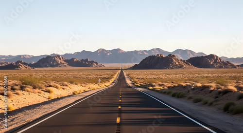 Desert road straight asphalt pavement and mountain range in background arid landscape and open highway scenic route and travel adventure transportation