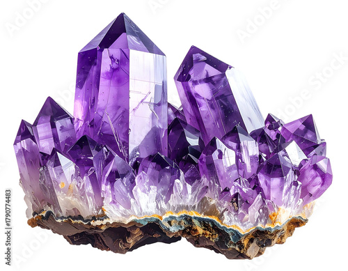 Vibrant purple crystal cluster on textured rock base