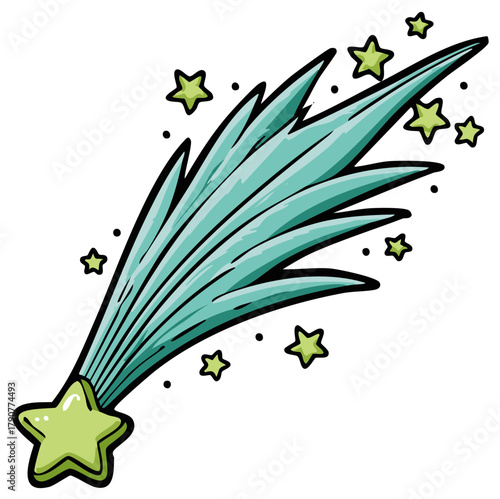 Stylized Teal Shooting Star With Green Stars And Dots