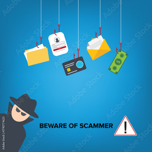 Beware of a scammer. Hacker with laptop computer stealing confidential data, personal information and credit card detail. 	
