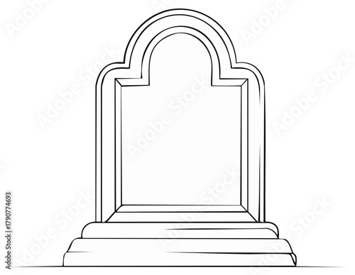 Outline illustration of a tombstone with empty space, memorial icon, black and white.
