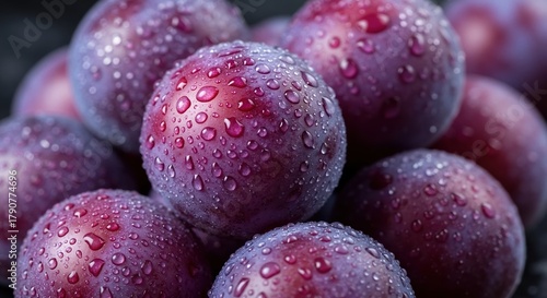 Wallpaper Mural A close-up of fresh ripe purple plums covered in water drops. Macro shot of juicy, wet fruit on a dark background. Healthy eating and natural food concept Torontodigital.ca