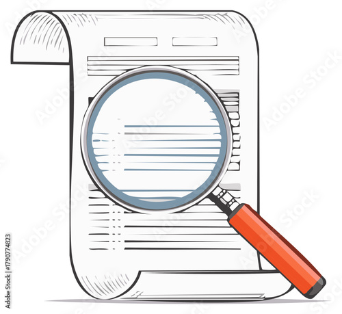 Magnifying glass examining a detailed document with lines, investigation concept, sketch style
