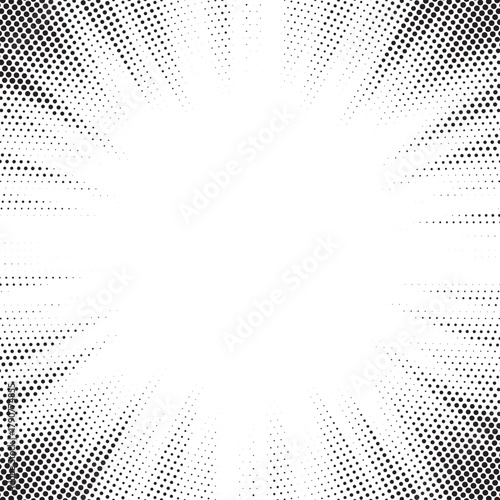 Abstract halftone sunburst background. Pop art comic book strip cover design. Explosion, isolated retro style comics radial background.
