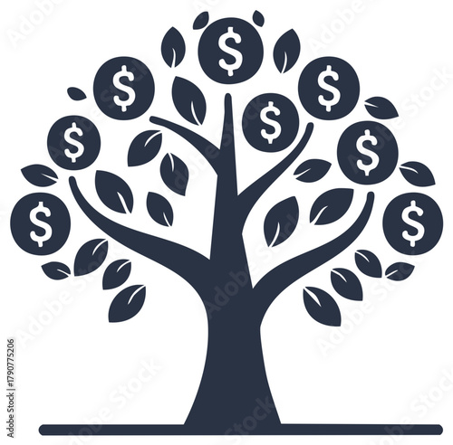 Money tree with dollar coins growing on branches symbolizing wealth and financial growth