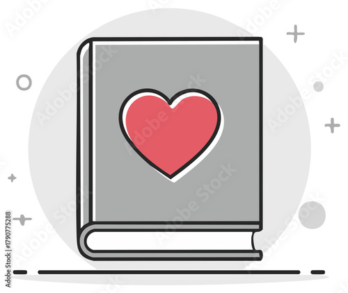 Vector line icon of a romantic book with a red heart on the cover representing a love story