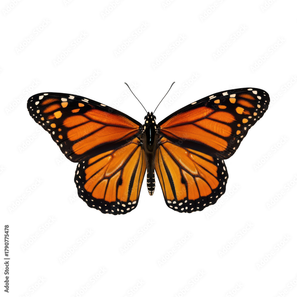 Fototapeta premium A monarch butterfly with its wings spread open, showcasing its vibrant orange and black markings, , a captivating insect