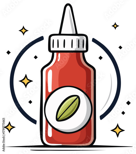 Red squeeze bottle with leaf logo and sparkling stars
