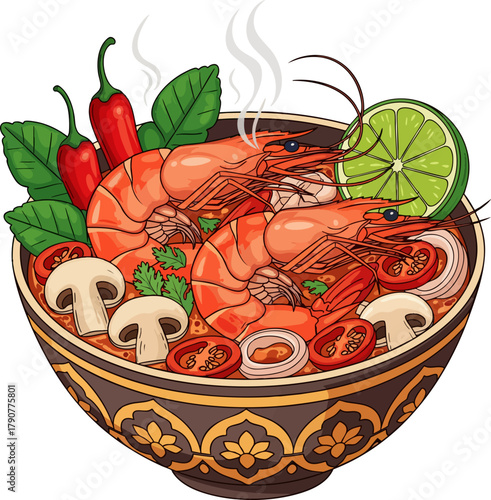 Thai Tom Yum Goong Soup with Prawns Detailed Vector Illustration