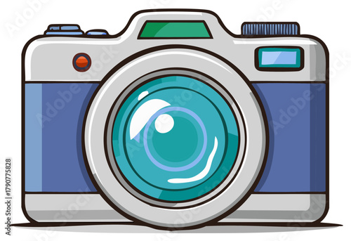 Retro styled digital camera with a large lens and blue body, cartoon illustration.