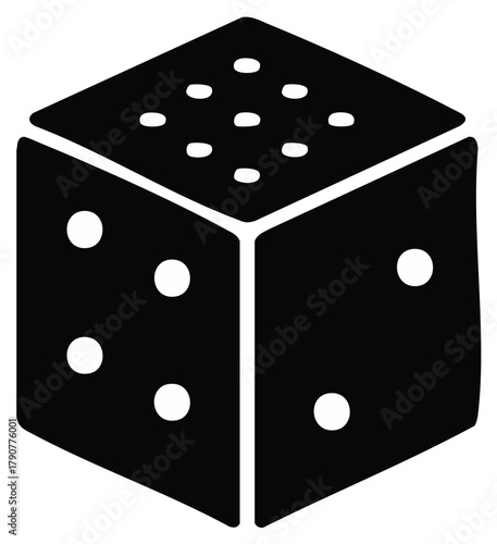 Black single die illustration showing dots on three faces symbol of luck and chance