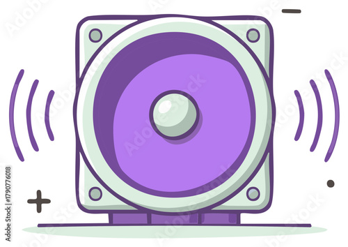 Cartoon speaker playing music sound waves from a speaker plus and minus signals in vector format