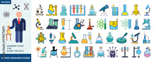 Science Laboratory Icons Set | Chemistry, Biology, Research & Experiment Vector Illustrations
