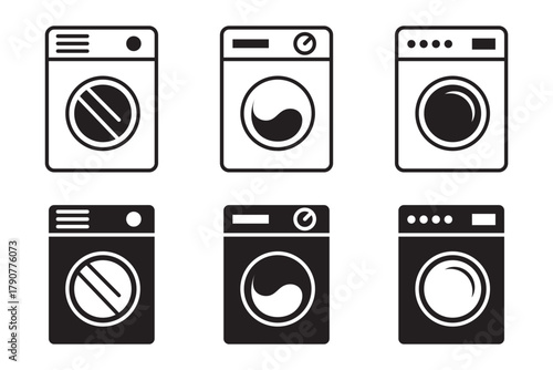Clothes washing machine vector icon sheet. laundry washer sign. home appliance electric wash machine vector symbol on white background