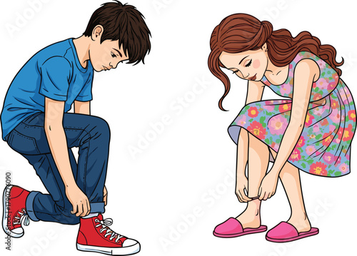 Children tying footwear illustration, cartoon kids, shoelace gesture, dressing routine, motor skill activity, vector art, independence moment, casual outfit