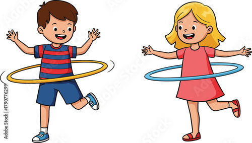 Children, hula hoop, playful motion, happy kids, fun activity, smiling faces, movement, coordination, exercise, colorful toys, childhood joy, outdoor play, energetic moment