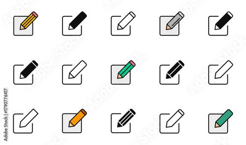 Edit icon set. Document edit icon. Text edit button. Pencil icon. Vector illustration.