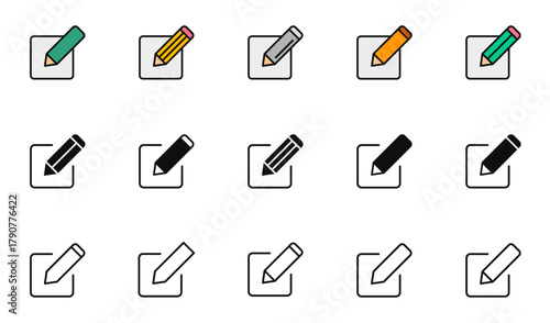 Edit icon set. Document edit icon. Text edit button. Pencil icon. Vector illustration.