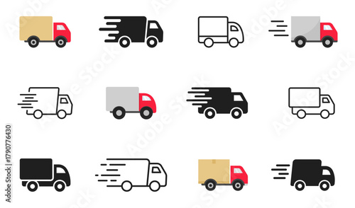 Delivery Truck icon set. Express delivery trucks icons. Fast shipping truck. Free delivery 24 hours. Logistic trucking sign. Vector illustration.
