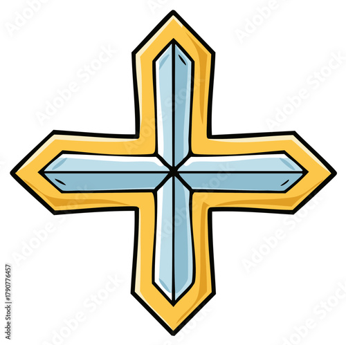 Golden cartoon cross symbol with glossy light blue details, a religious emblem with a cute modern design element for print or web.