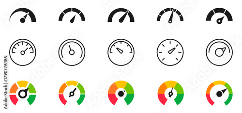 Speedometer icon set. Speed indicator. Gauge, dashboard, tachometer, scale. Speedometer icon with arrow. Vector illustration.