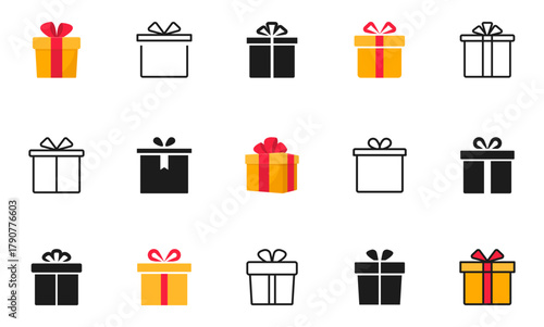 Gift box icons set. Gift boxes with ribbon. Surprise gift boxes icon. Present sign. Vector illustration.