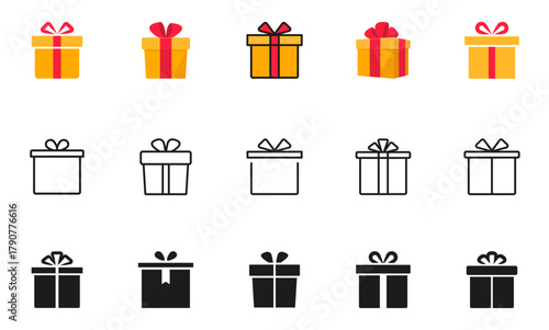 Gift box icons set. Gift boxes with ribbon. Surprise gift boxes icon. Present sign. Vector illustration.
