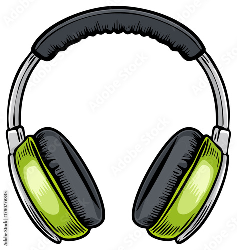 Stylish green and black over ear headphones vector illustration for music listening and sound enjoyment