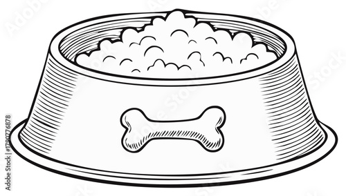 Dog Bowl Sketch with Food and Bone Graphic, Black and White Pet Feeding Illustration