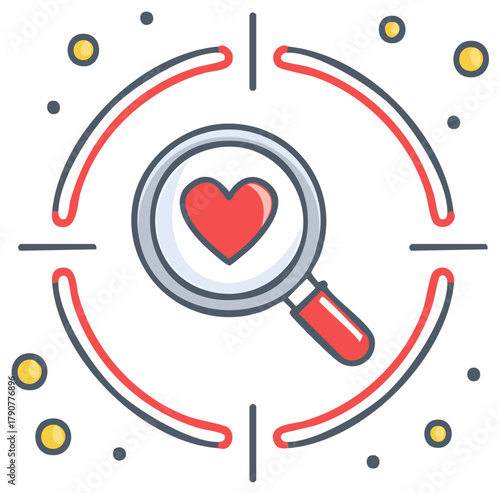 Magnifying glass focusing on red heart within target, love and care concept.