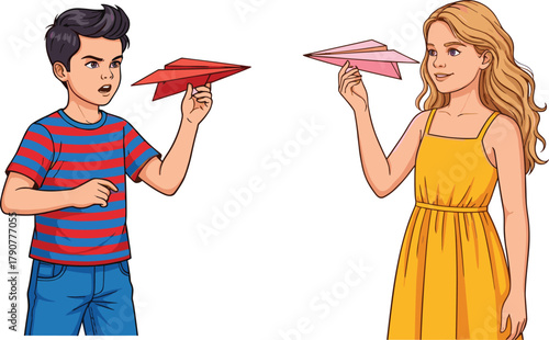 Children, paper, airplane, cartoon, play, creativity, fun, flight, imagination, kids, colorful, happy, pretend, activity, learning, expression, childhood, simple, joyful, illustration