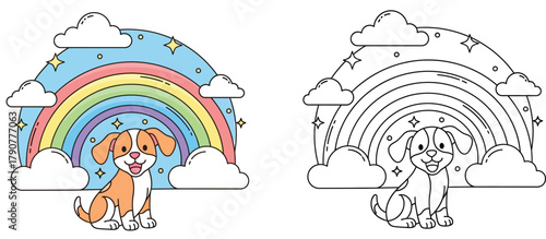 Cute Cartoon Dog Under a Magical Rainbow Sky with Clouds and Stars - Playful Coloring Page for Kids