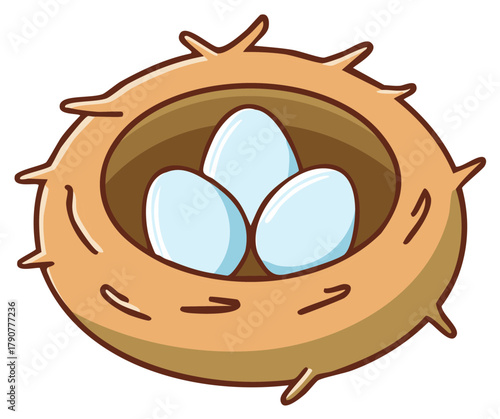 Cartoon Bird Nest with Three Blue Eggs Wildlife Spring Illustration