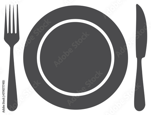 Place setting.  Fork, knife, and plate arrangement.  Dinnerware for dining.  Tableware with elegant presentation. Formal or casual eating setup.