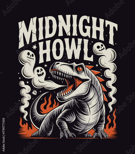 Midnight howl dinosaur t rex ghosts halloween spooky illustration vector graphic design art print