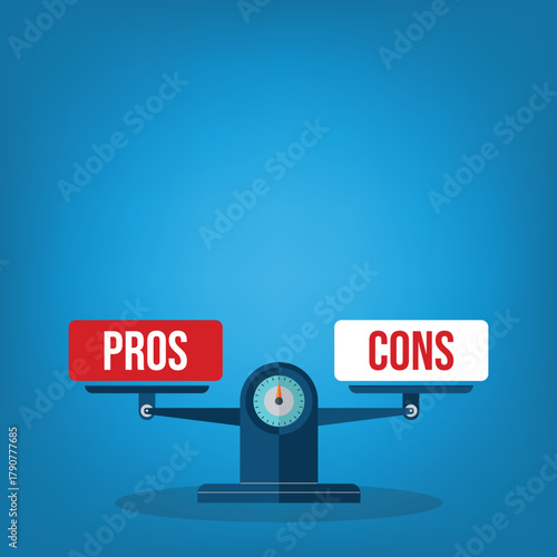 The words pros and cons balanced on a seesaw. Comparing positive advantages or negative disadvantages	