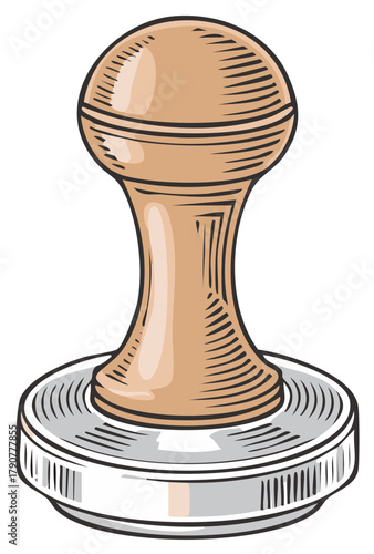 Classic espresso tamper with a polished wooden handle and metal base in a vintage sketch style