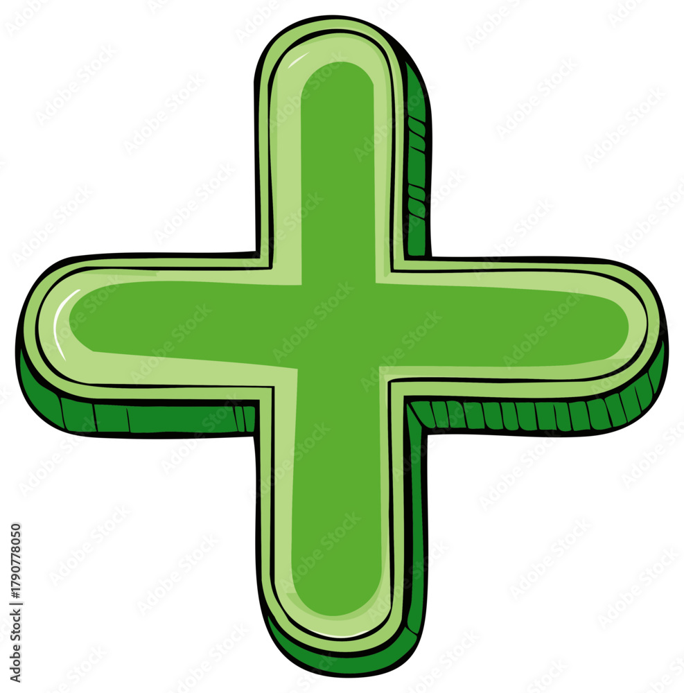 Fototapeta premium Green plus sign, 3D effect, hand-drawn, isolated on white
