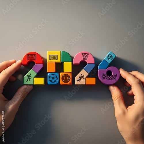 Hands arranging colorful building blocks to form the year 2026
