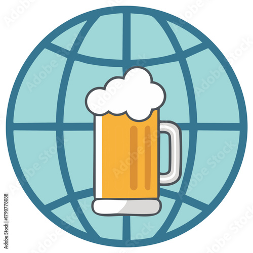 International celebration with beer mug and world globe showing international beer day, beer world tour or festive drinking.