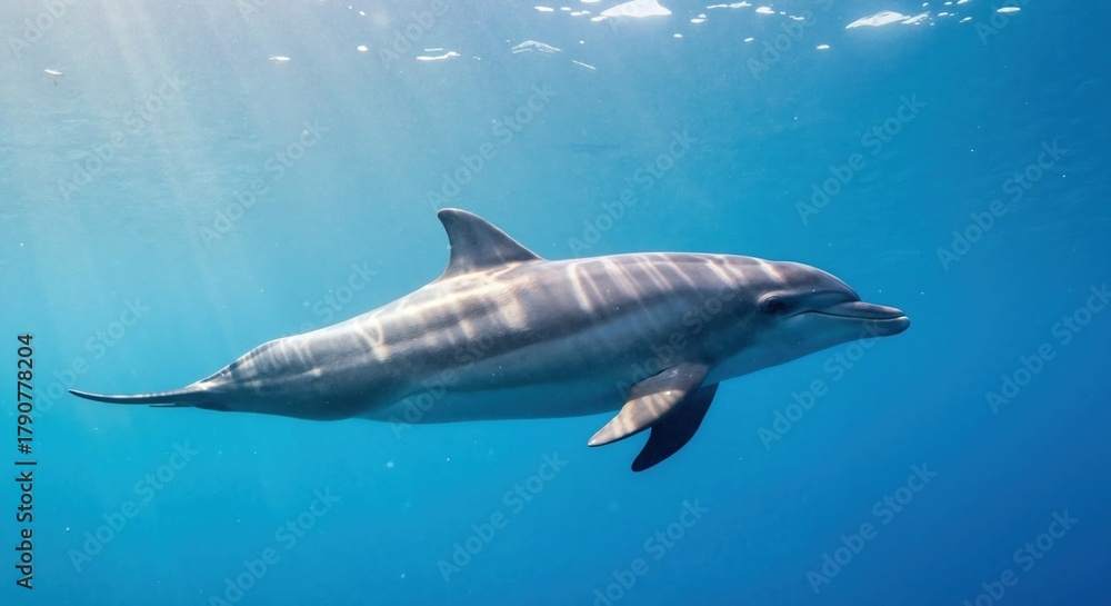 Fototapeta premium Graceful dolphin swimming in clear blue water. Underwater wildlife photography with sunlight filtering from the surface